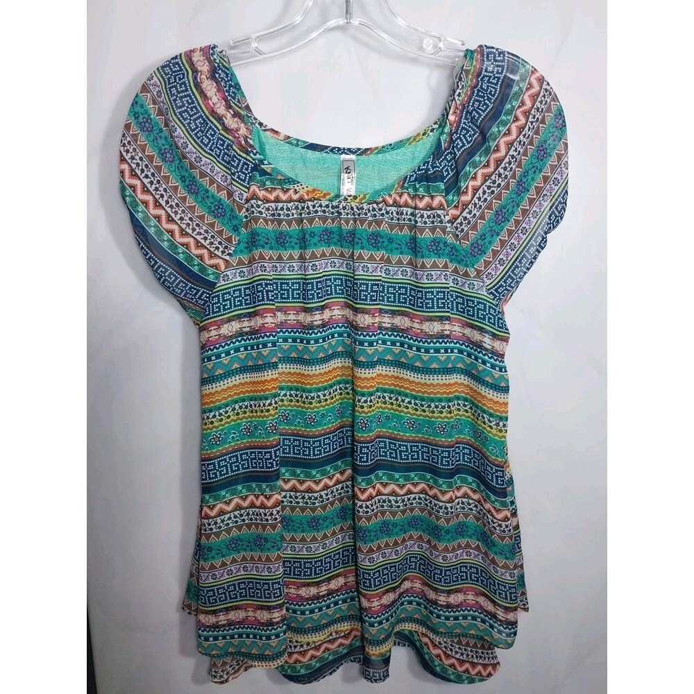 Boho Aztec Print Swing Top XL Teal Flowy Peasant Festival Blouse
